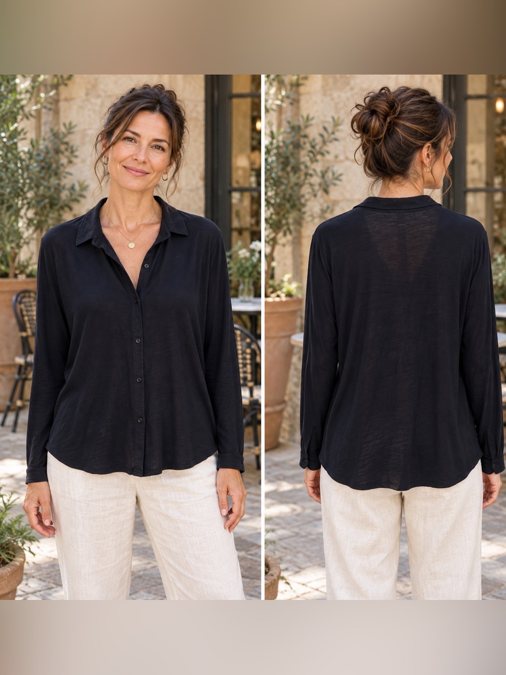 Eileen Fisher Organic Cotton Jersey Button Front Shirt Black XL minimalist